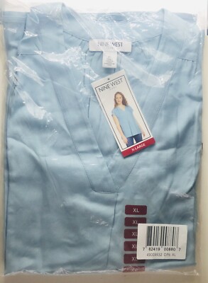 Nine West Ladies Woven Popover V-Neck Top Blue Fog-Size XL