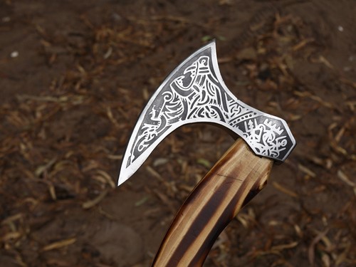 EDC Viking Axe lama in acciaio al carbonio Tomahawk ascia con fodero in pelle BL-3900 - Foto 18 di 22