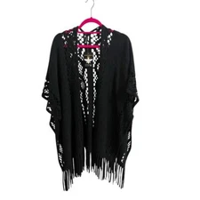 NWT Antthony Originals Poncho Womens One Size Black Fringe Knit Fashion