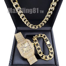 Hip Hop Iced Gold Plated Bling Metal Band WATCH Cuban Bracelet Necklace Set