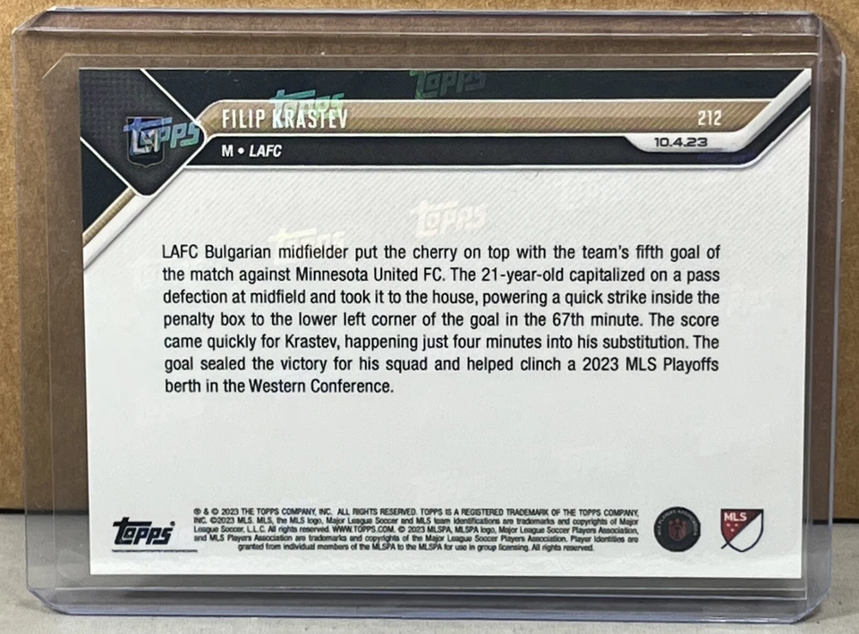 2023 TOPPS NOW MLS #212 FILIP KRASTEV LAFC 1st MLS goal Red Parallel 4/10 - Image 3 of 3