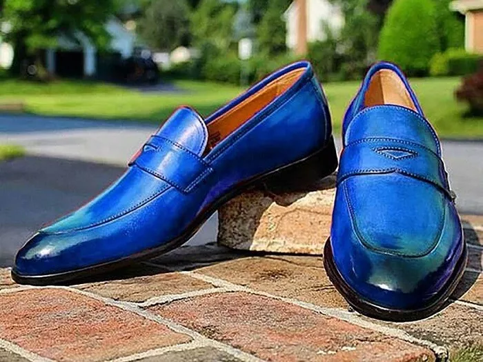 Handcrafted Blue leather shoes Minimalist loafers Formal loafers Dressy loafers