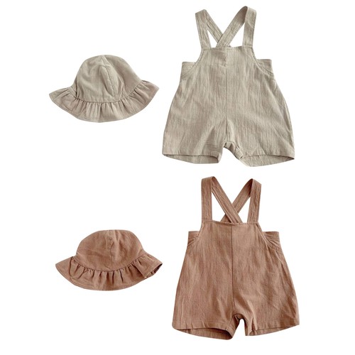 Baby Unisex Summer Outfits Lightweight Infant Soft Suspender Shorts With Hat - Picture 2 of 26