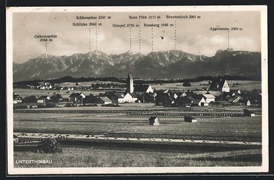 AK Unterthingau, Ortsansicht vor Gehrenspitze, Köllerspitze und Aggenstein 1937 