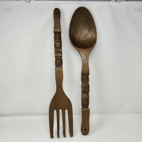 22" Carved Wooden Fork and Spoon Wall Decor Tiki Totem Manila Phillipines Large