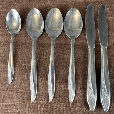 #ad Vtg Sears Fashion Stainless Flatware Lot Rose Texture Gloss 6pc Knife Spoon $12.92