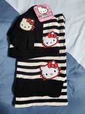 Hello Kitty Girls Black White Striped Beanie Glove Scarf Set