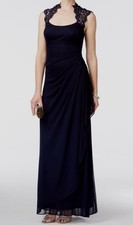 Xscape Women's Blue Metallic Lace-Collar Dress Petite Size 14P