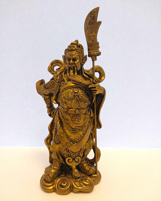 Chinese Warrior Deity Figurine Statue Holding Guan Dao Polearm, Gold Tone