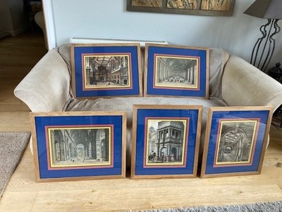 Five Antique Colourfully Framed Prints Of Structures Of Historical Significance