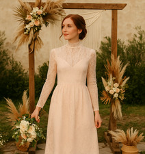 Vintage 80s Lace Victorian Dress Blush Pink High Neck Long Sleeve Bridal Gown