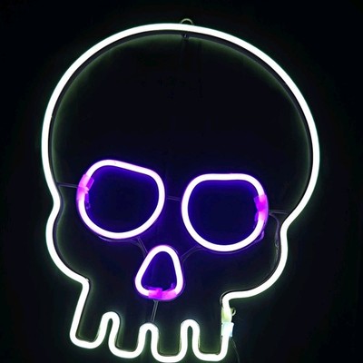 Skull Neon Wall Light Sign, White Outline with Purple Eyes/Nose, Plastic