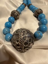 Ethno Halskette Türkis & Silber – große Filigran Kugel – Handarbeit