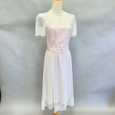 Vintage 70s dot lace overlay taffeta short sleeve midi dress ribbon belt size 11