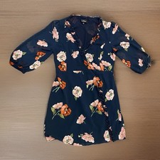 Lulus It's a Pleasure Navy Blue Floral Print Ruffled Wrap Dress Size L Sheer