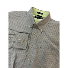 TOMMY HILFIGER Button Up Shirt Mens Large Green Check Long Sleeve 80s 2 Ply
