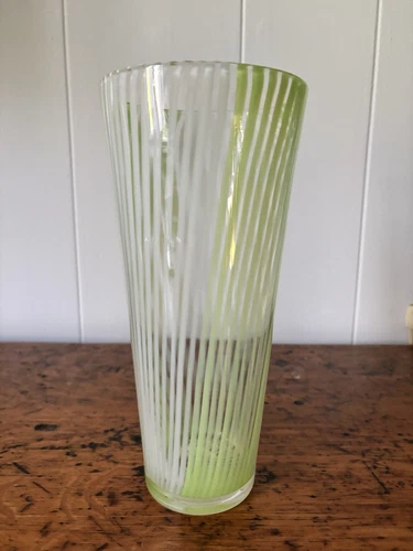MCM Murano Art Glass Vase Green White Stripe Dino Martens 11”