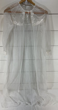 Vintage White Nylon Sheer Long Nightgown Peignoir Robe Lingerie Embroidered Sz M