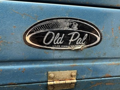 Vintage Old Pal Tin Blue Butterfly Opening 6 Tray Tackle Box.  HTF