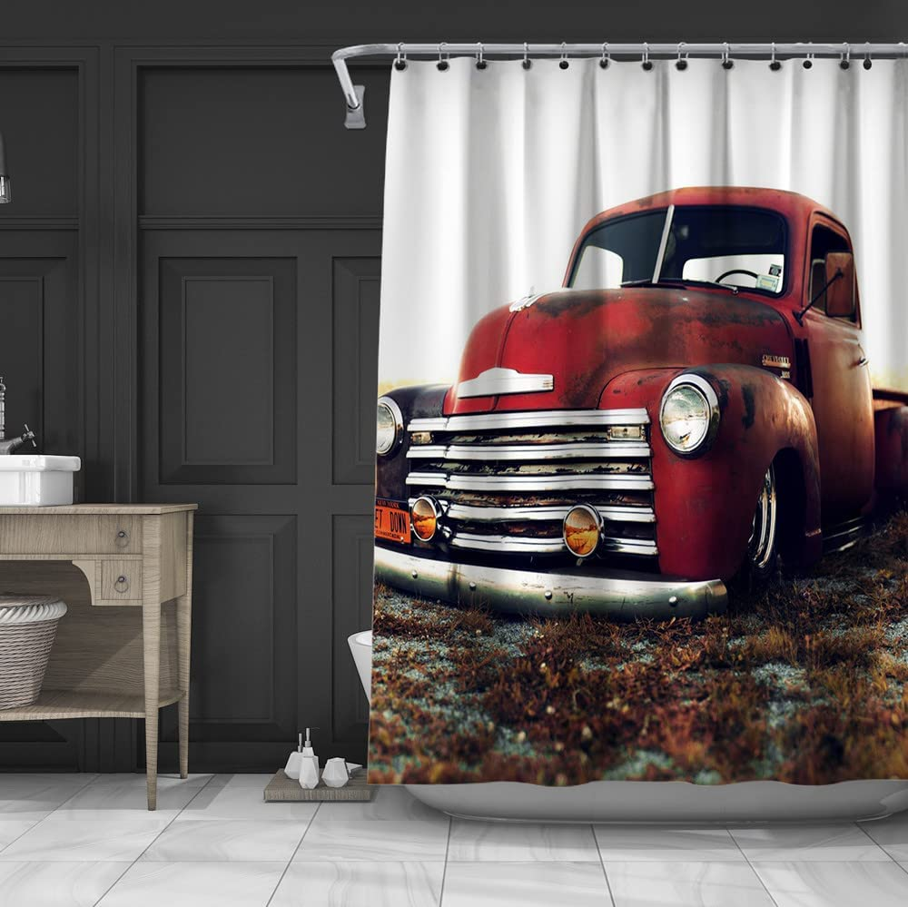 Old Red Truck Shower Curtain Retro Rustic Red Truck Cars Bathroom Decor
