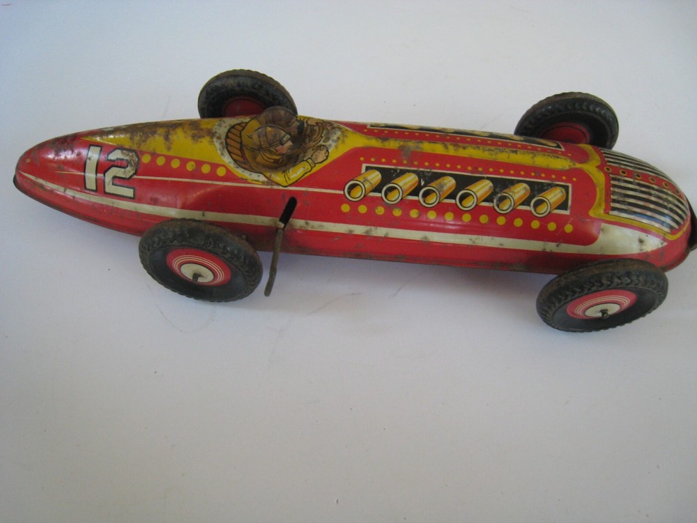Vintage RED  Tin Toy -- Wind Up Marx No.12  Race Car with  Driver