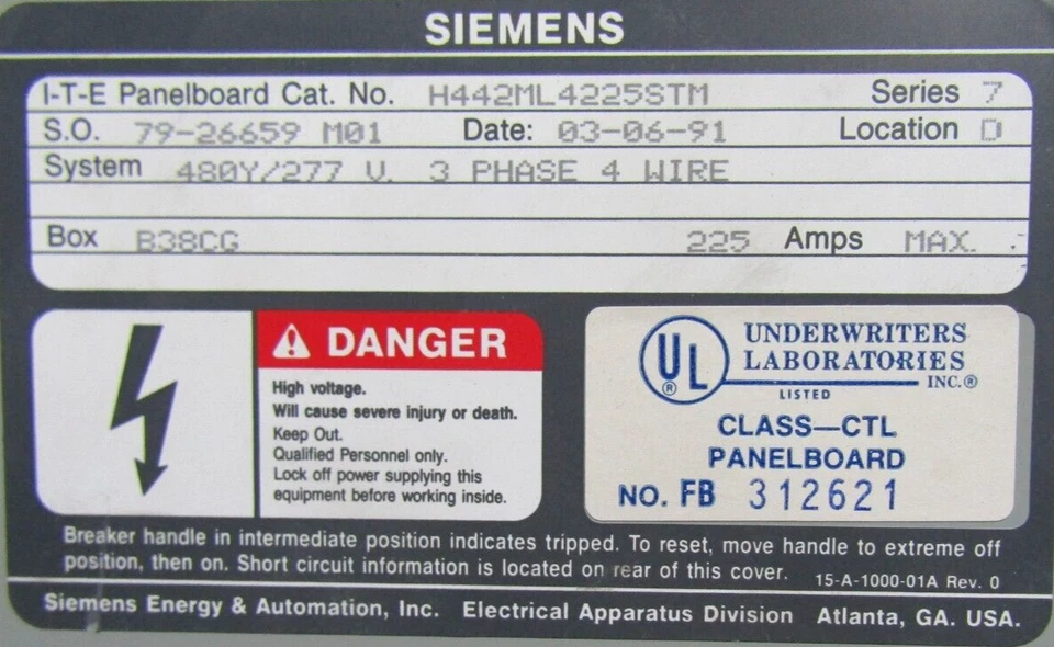 😃 SIEMENS 225 AMP MAIN LUG PANELBOARD 480Y/277 V 3Ø 4W 42 CIRCUIT H442ML4225STM - Image 2 of 4