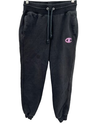 Vtg Champion Reverse Weave Black Jogger Sweatpants Big Pink C Womens Size  Small