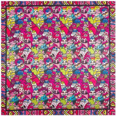 SCARF 35'' x 35'' Square Brilliant Colors Fuchsia Pink Cats KITTY FACES GALORE