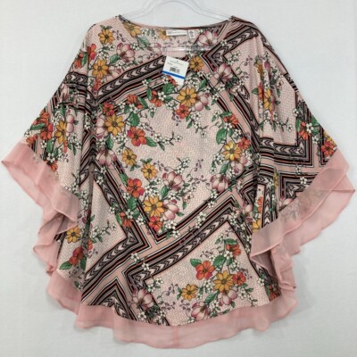 New Rafaella size XL Pink Brown Floral Boho Abstract Poncho Blouse Vacation