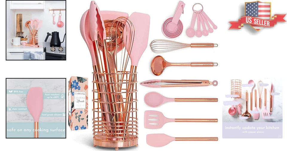 Utensilios de cocina premium de cobre rosa - Juego de 17 piezas con soporte - Lujoso glamour Foto 2 de 4