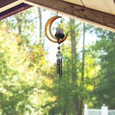 31"Long Cats on Moon Wind Chime with Black Gem Garden Home Decor Unique Gift