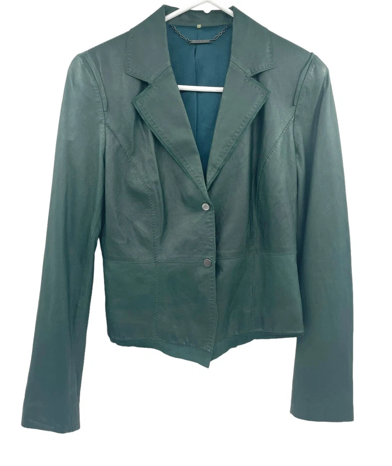 Chaqueta Blazer ELIE TAHARI Verde Para Mujer Cuero Cordero Ajustada Talla Pequeña Foto 2 de 4