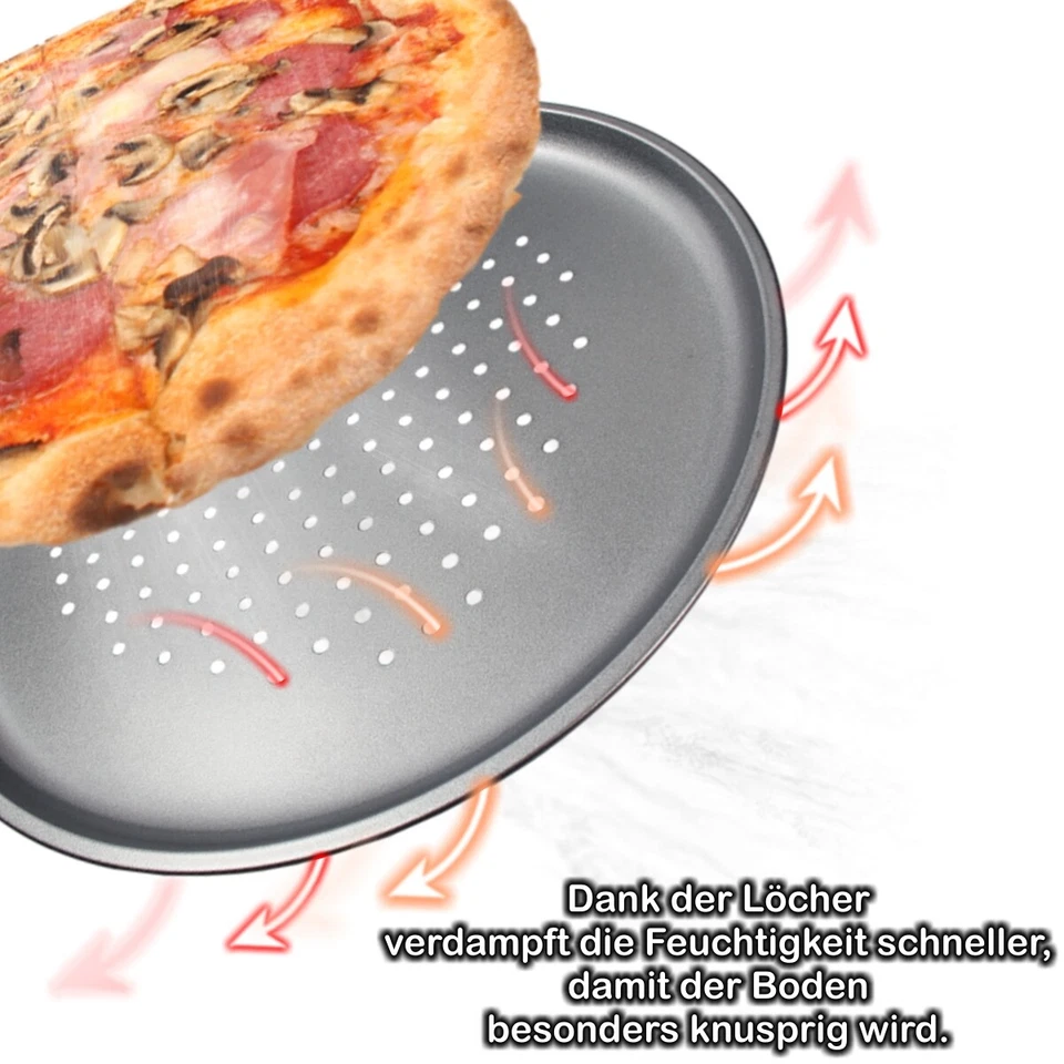 4x Pizzablech 32cm Flammkuchen Pizza Ofen Back Blech rund gelocht Pizzaform - Bild 4 von 4