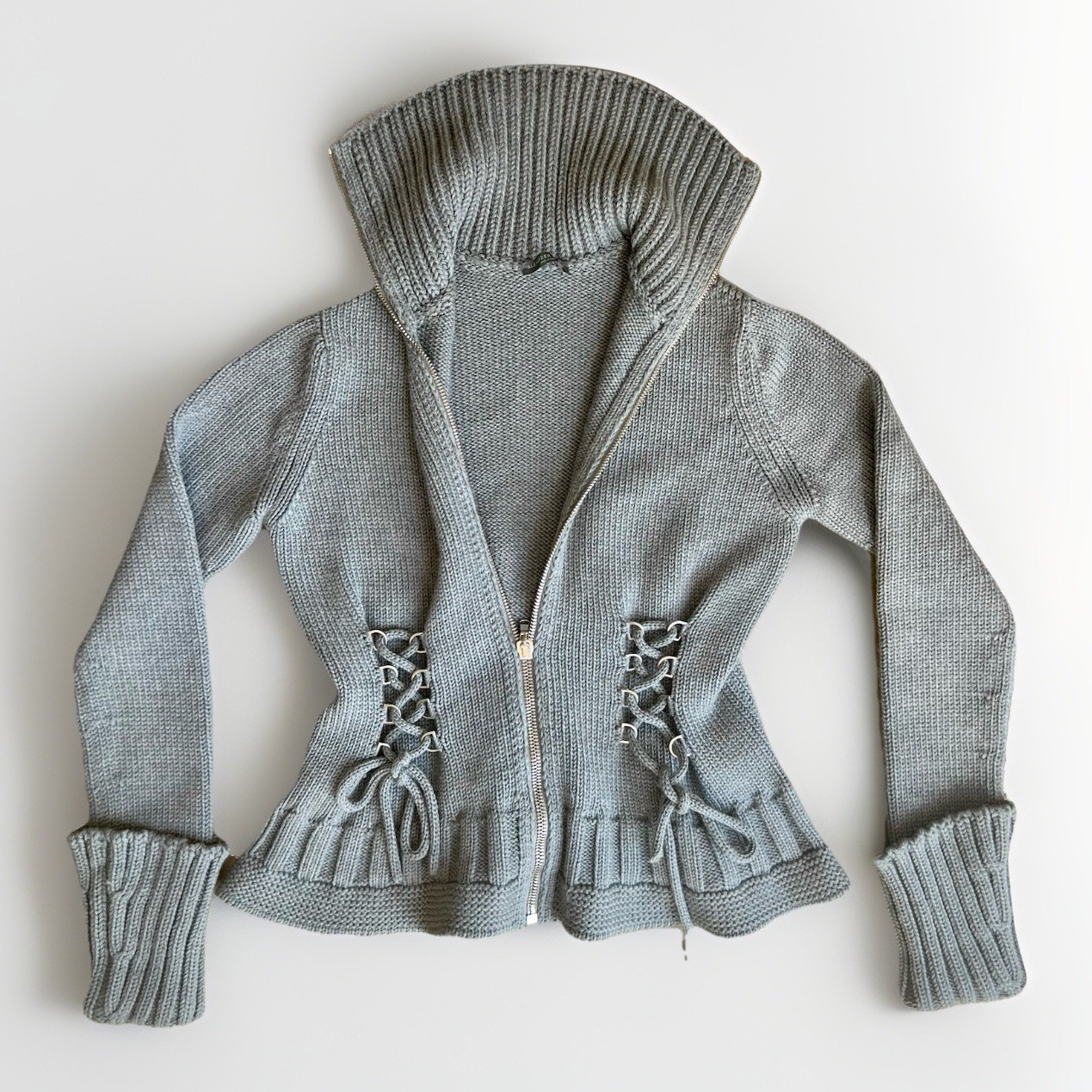 Alexander McQueen Size Medium Gray Corset Zip Up Cardigan Sweater Peplum Lace Up
