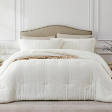 Beige Queen Comforter Set - 3 Pieces Seersucker Lightweight Bedding Comforter Se