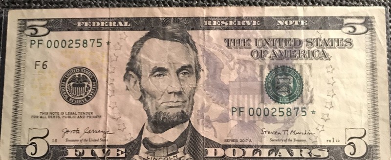 five dollar bill. Zip Code For Niche, WV. 25875 Star Note 2017A