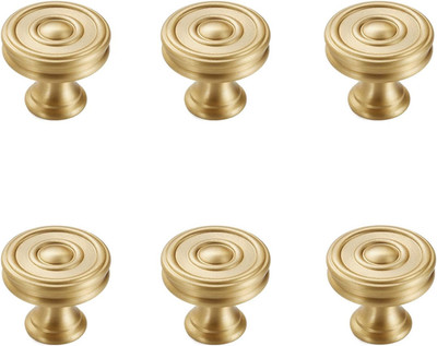 - 6 Pack Solid Brass Cabinet Drawer Knobs, Brushed Matt Gold Dresser Pulls, 1-1/