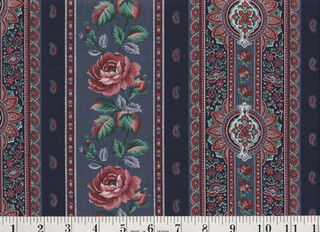 1 Yard Fabric Floral Stripe Pink Flowers on Blue Cotton 44" Wide Vintage 1980s F