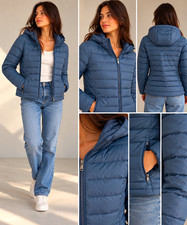 Women's Blue Solid Puffer Jacket Full Zip Hooded Long Sleeve Pockets Short