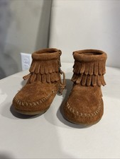 Minnetonka Suede Baby Moccasins Booties-Brown-Baby Size 3 Hard Bottom