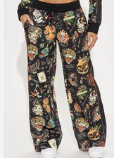 Ed Hardy Flashboard womens Trackpants all-over tattoo print wide leg XL NWT