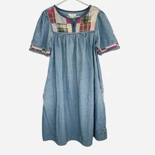Go Softly Patio Chore Dress Women Small Blue Patchwork Kaftan Midi Peasant Retro