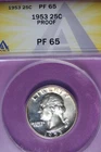 1953 ANACS 25C PF65 PROOF WASHINGTON QUARTER #B51433