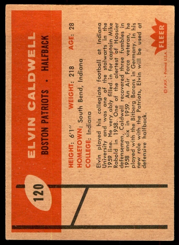 1960 Fleer Elvin Caldwell Rookie Boston Patriots #120 - Image 2 of 2