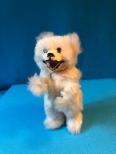 ADORABLE 3 1/2 WHITE FUR TEDDY BEAR WITH AN OPEN MOUTH AND RED HEART TONGUE 