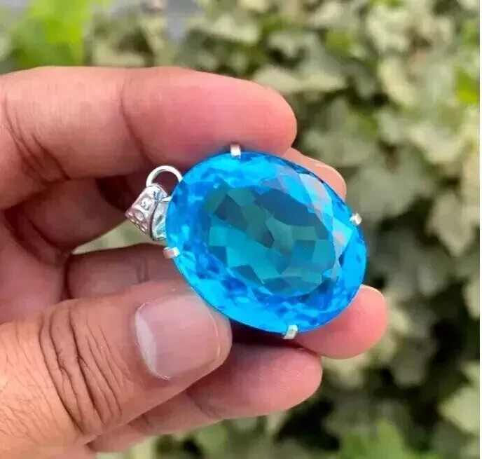 95 Ct+ Certified Natural Blue Oval Topaz 925 Solid Silver Pendant Gemstone
