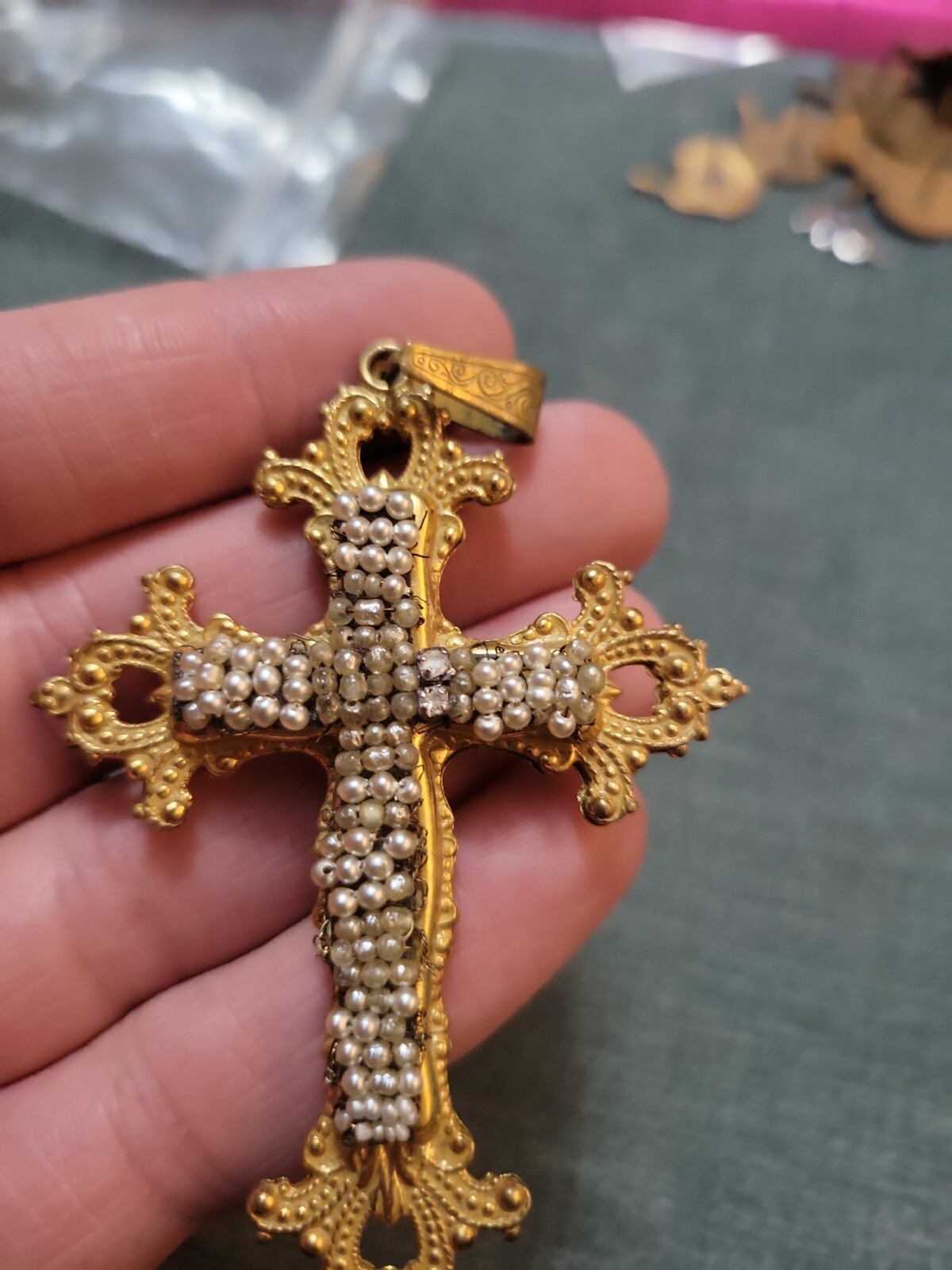 Vintage Miriam Haskell Gold Tone Faux Seed Pearl Cross Necklace Pendant eBay