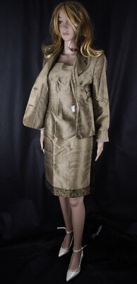 Vtg. Unbranded 100% Seide Silk Dress Suit Kostüm Jacke Kleid Gold Khaki Gr S