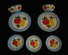 Vintage Ohio Art Co Tin Cups Plates Fruit Litho Child Tea Set Play Dishes