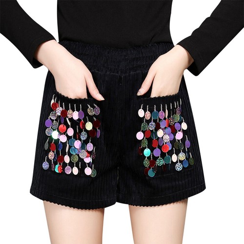 Donna Velluto a Coste 3D Paillettes Pantaloni Corti Lucido Tasca Vita Alta  Chic | eBay